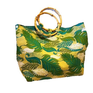 Vintage canvas green floral small top handle  tote excelent condition